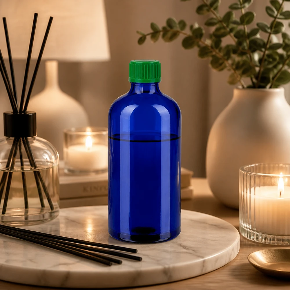 100ml Tropfflasche 0.8mm grünStandardverschluss BlueLine UT18/100 Vielseitige BlueLine Tropfflasche 100ml aus UV-schützendem blauen Glas mit 0.8mm Tropfgenauigkeit