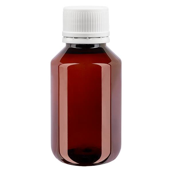 Bottiglia in PET da 100 ml con tappo bianco antimanomissione, finemente scanalata Bottiglia in PET da 100 ml con tappo bianco antimanomissione, finemente scanalata