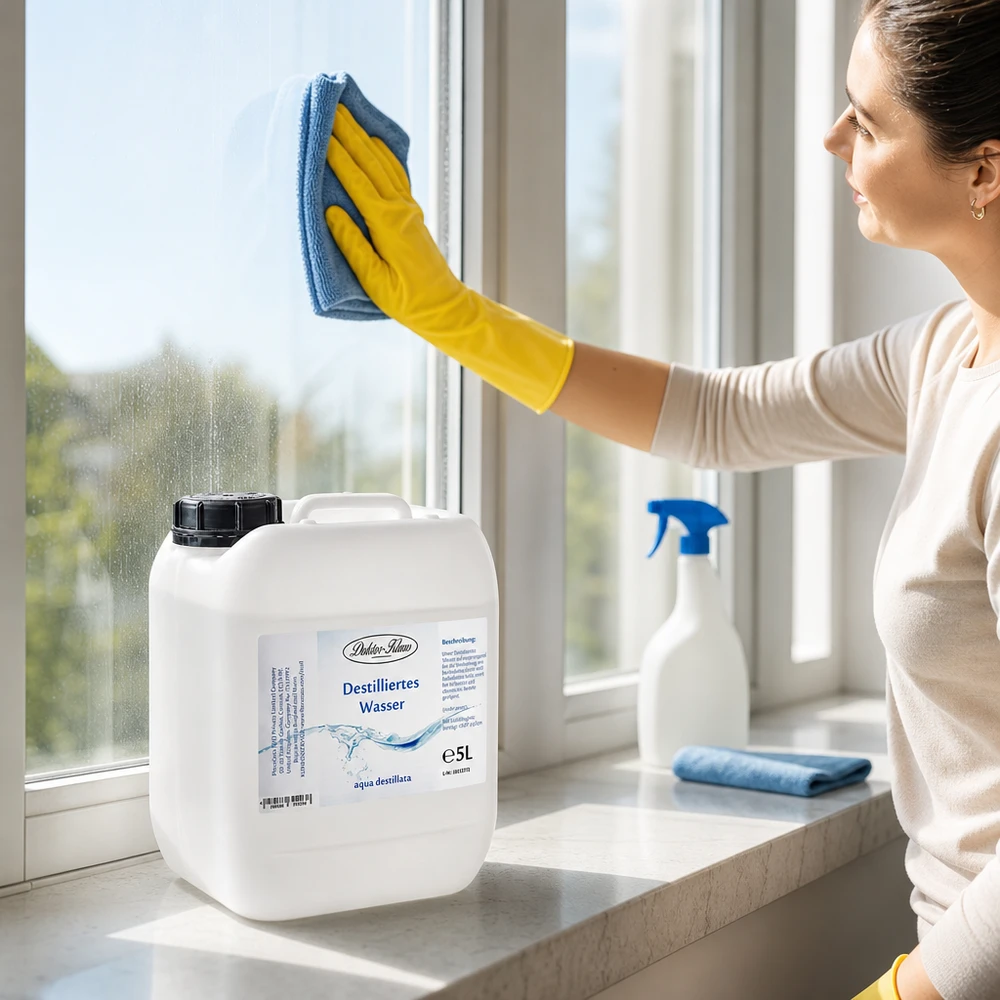 La donna pulisce i vetri con l'acqua distillata 5L di Doktor-Klaus per la pulizia dei vetri di casa senza striature