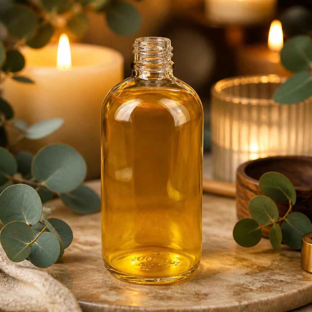 Flacon à pharmacie 100ml ClearLine DIN18 UNiTWIST Flacon de pharmacie de 100 ml UNiTWIST ClearLine DIN18 contenant de l'huile dorée aux arômes de bougie et d'eucalyptus