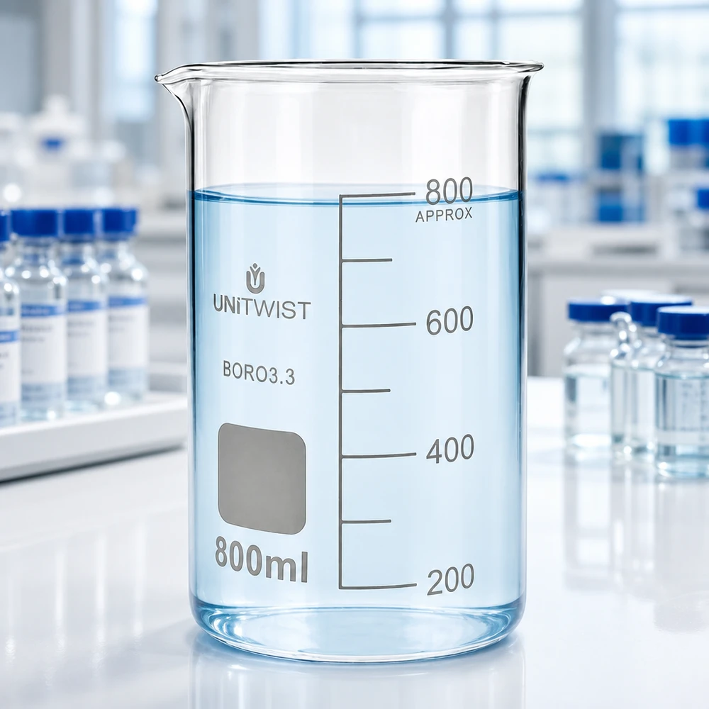 Bicchiere 800ml borosilicato, stampo alto UNITWIST UNITWIST Bicchiere da laboratorio da 800 ml in borosilicato, forma alta, con spazio per le annotazioni e scala di misurazione precisa