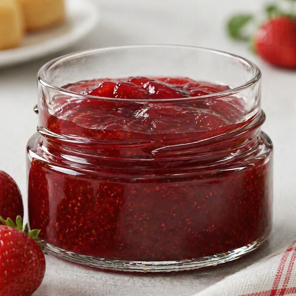 UNiTWIST Runda80 barattolo rotondo da 80 ml riempito con marmellata di fragole rosse, coperchio TO58deep, barattolo di vetro per marmellata
