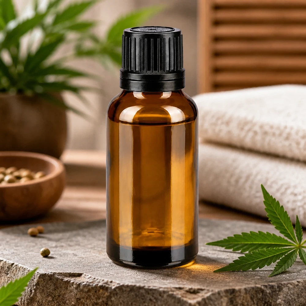Flacon compte-gouttes en verre ambré de 20 ml avec bouchon à vis noir, à côté de feuilles de cannabis et de graines de chanvre