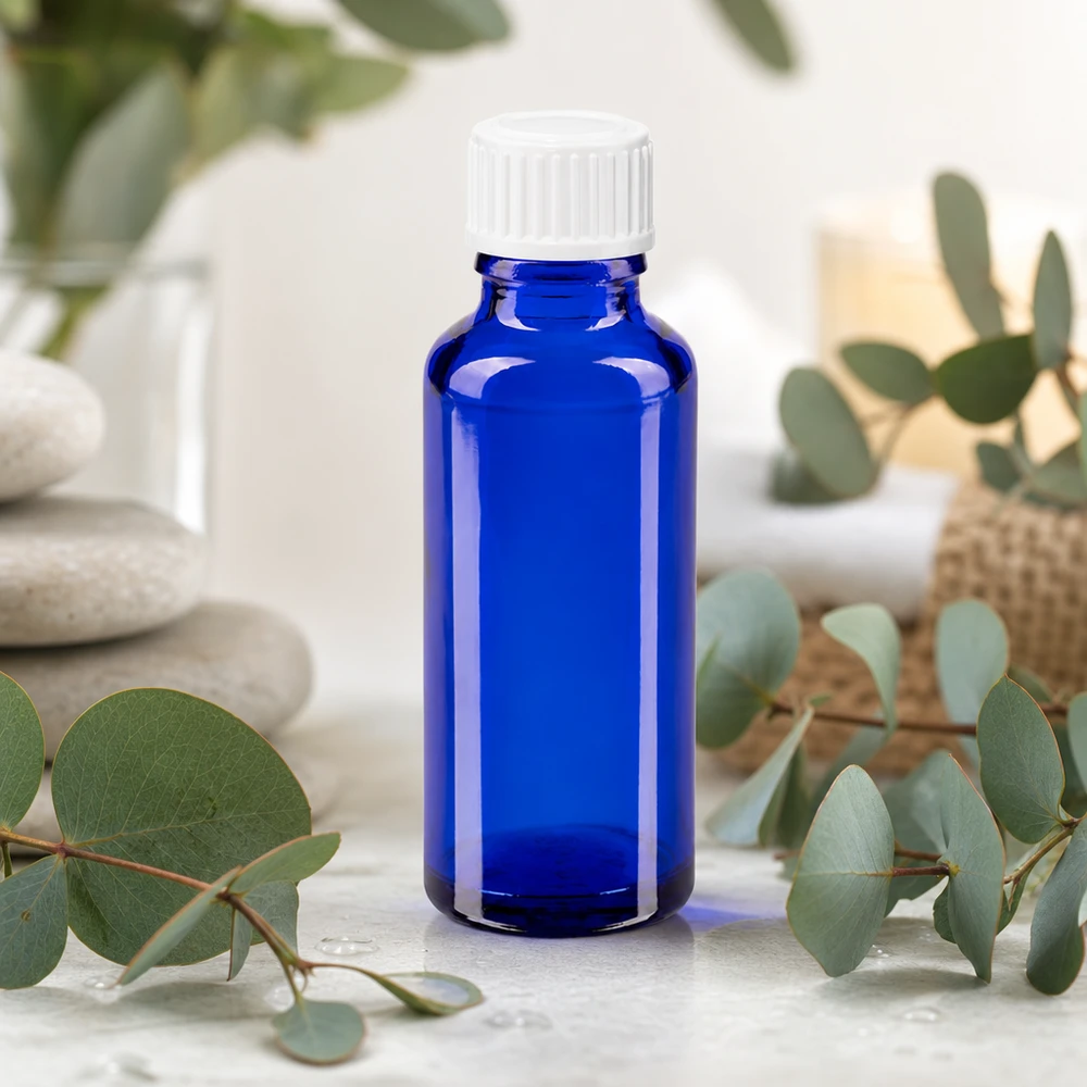 Blaue 30ml Pharmaflasche aus Glas mit kindersicherem Weißdeckel in entspannender Naturkulisse