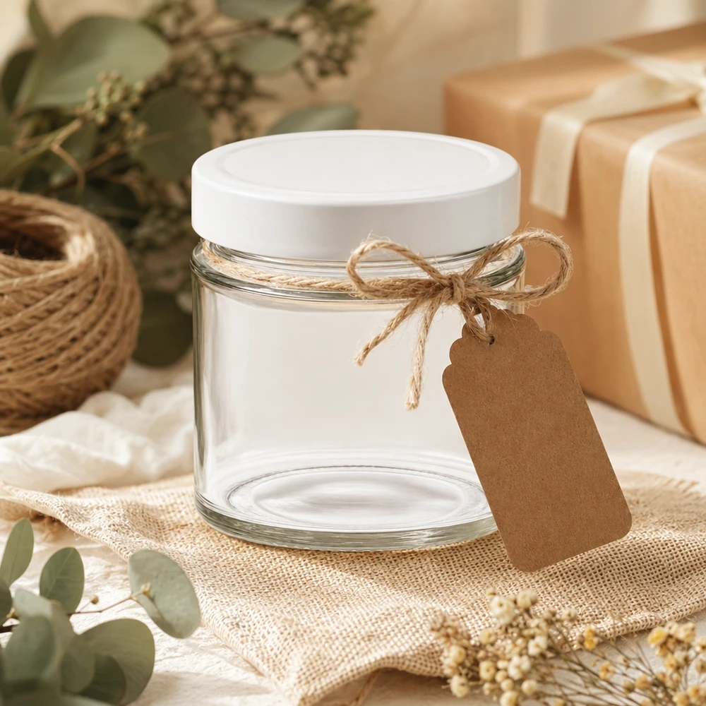 135ml Rundglas + BasicSeal Deckel weiß deep UNiTWIST 135ml Rundglas mit weißem BasicSeal Deckel dekorativ arrangiert mit Kraftpapier Anhänger Geschenkverpackung DIY