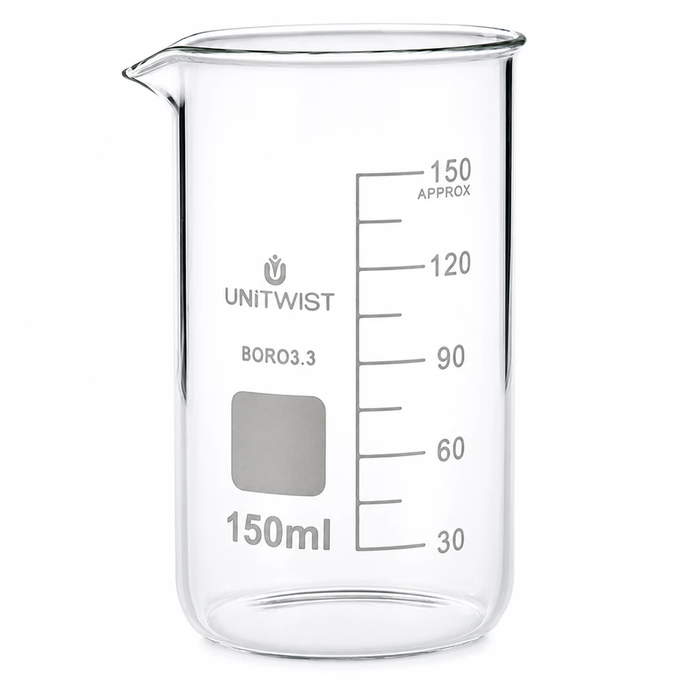 Bicchiere 150ml in borosilicato, forma alta UNITWIST Bicchiere da laboratorio da 150 ml, forma alta, in vetro borosilicato trasparente con scala in millilitri UNITWIST