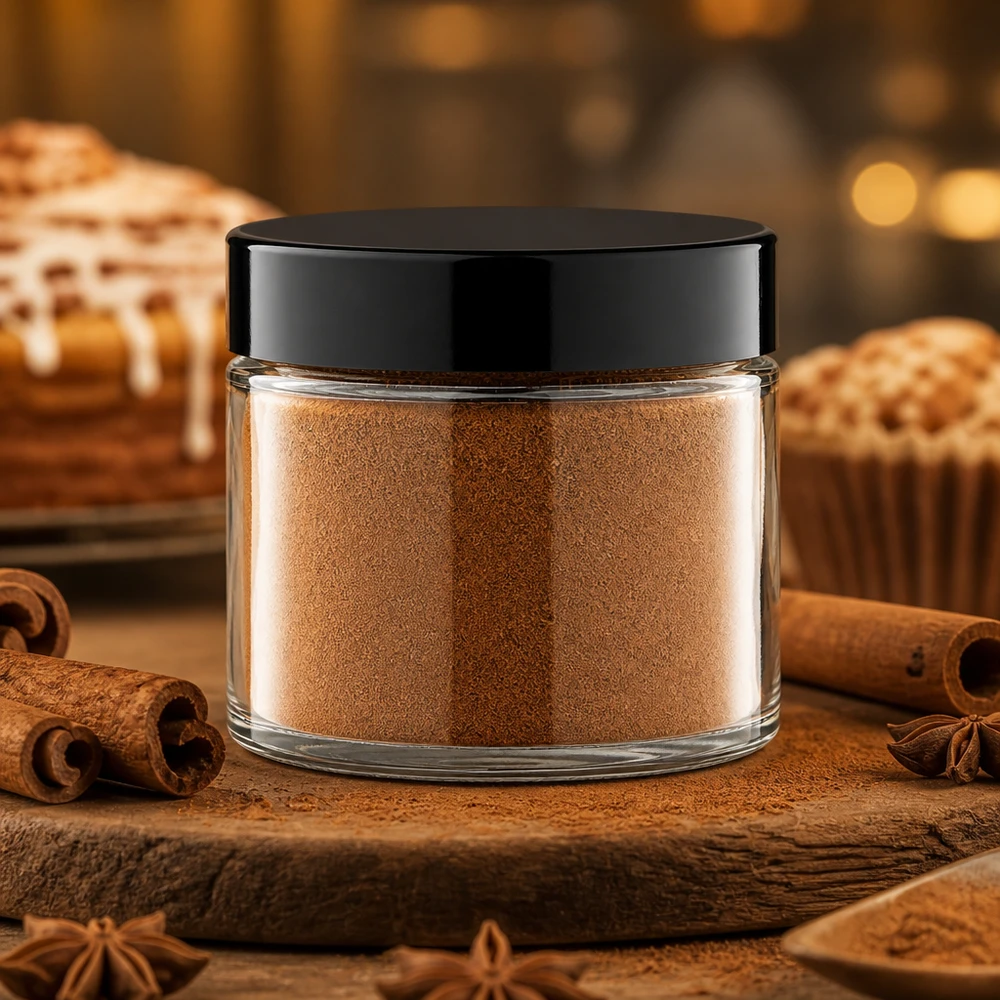 Vasetto di vetro bombato da 30 ml con tappo a vite per la cannella, da affiancare a muffin e rotolini alla cannella