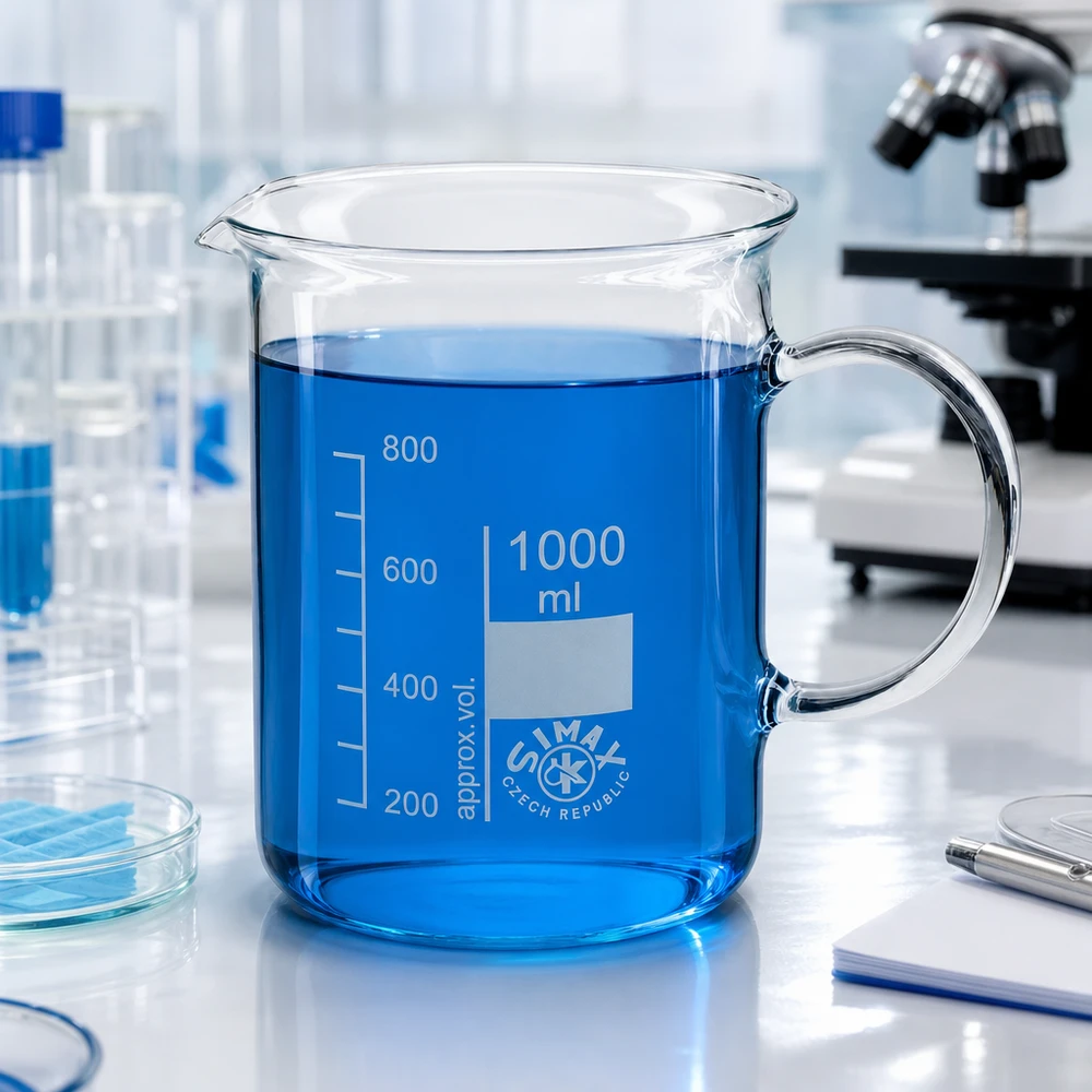 Bicchiere da 1000 ml in vetro borosilicato, con impugnatura Becher da 1000 ml con liquido blu e manico in un ambiente di laboratorio