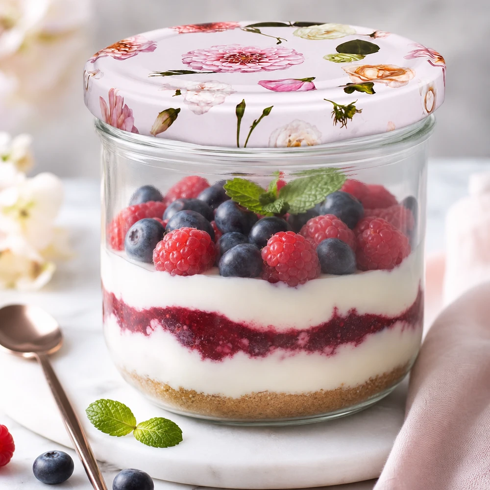 260ml Sturzglas + BasicSeal Deckel Blume rosa UNiTWIST Sturzglas 260ml mit Blumendeckel gefüllt mit Beeren-Dessert - Anwendungsbeispiel für Einmachglas Vorratsbehälter