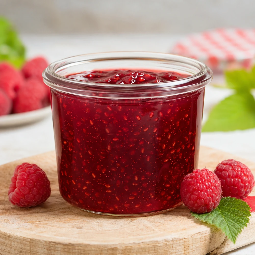 Bocal WECK RR40 de 35 ml WECK Sturzglas RR40 35ml mit roter Marmelade gefüllt umgeben von frischen Himbeeren auf Holzbrett