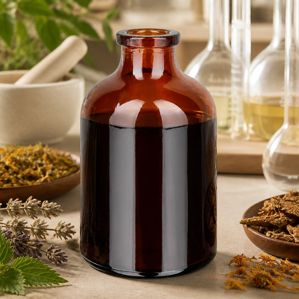 Injektionsflasche Braunglas 50ml Braunglas Injektionsflasche 50ml für pflanzliche Extrakte mit Kräutern und Laborgeräten im Hintergrund