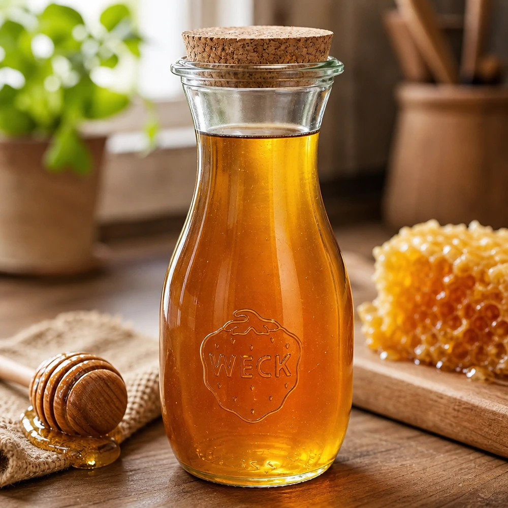 Bottiglia da succo da 530 ml WECK RR60 con tappo in sughero naturale Bottiglia di vetro WECK 530ml riempita di miele accanto a miele a nido d'ape e cucchiaio di miele su tavola di legno cucina rustica