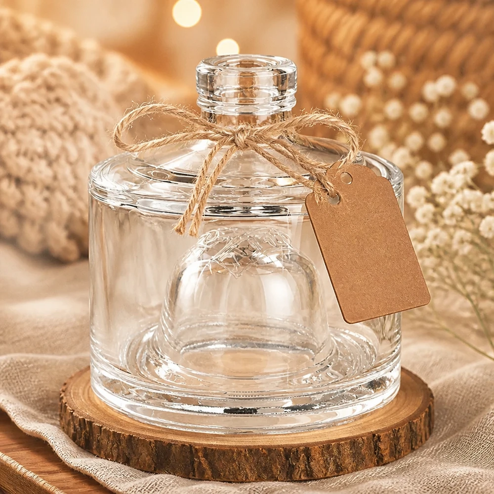 200ml Glasflasche "Barbara" ohne Verschluss UNiTWIST 200ml Glasflasche Barbara dekorativ präsentiert auf Holzscheibe mit Juteschleife und Geschenkanhänger rustikal