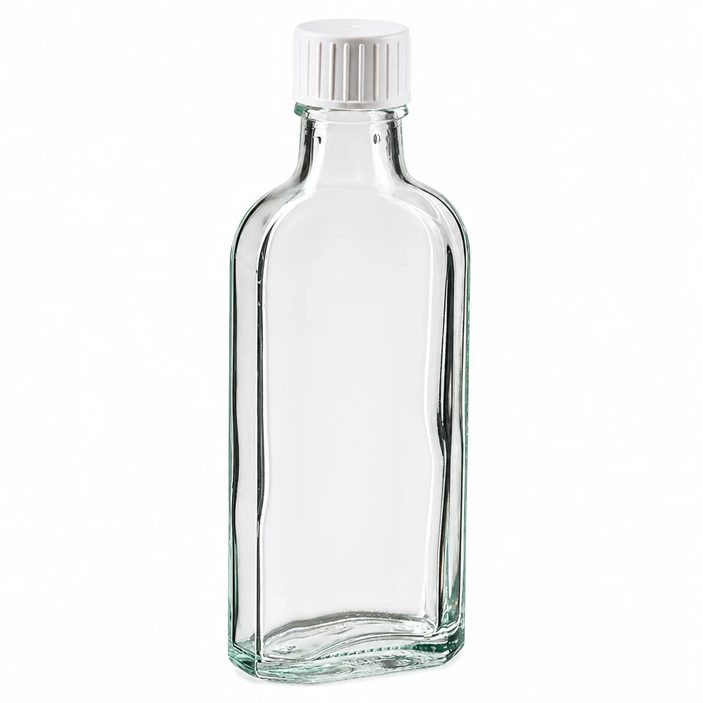 100ml Meplat Flasche aus klarem Glas mit Gießring ideal für Flüssigkeiten