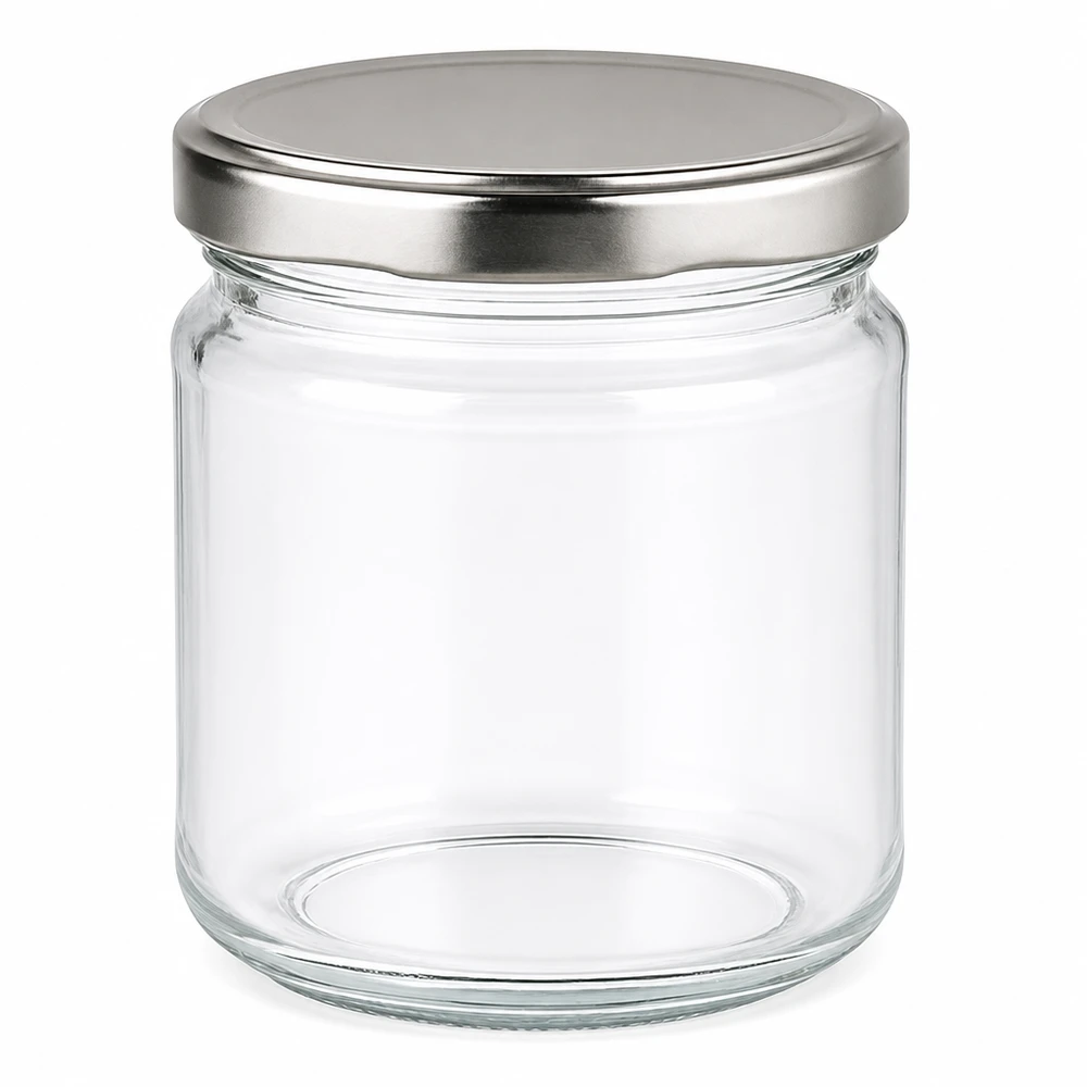 Vaso rotondo da 212 ml con coperchio BasicSeal argentato - vaso da conserva vuoto in vetro trasparente per conserve e stoccaggio