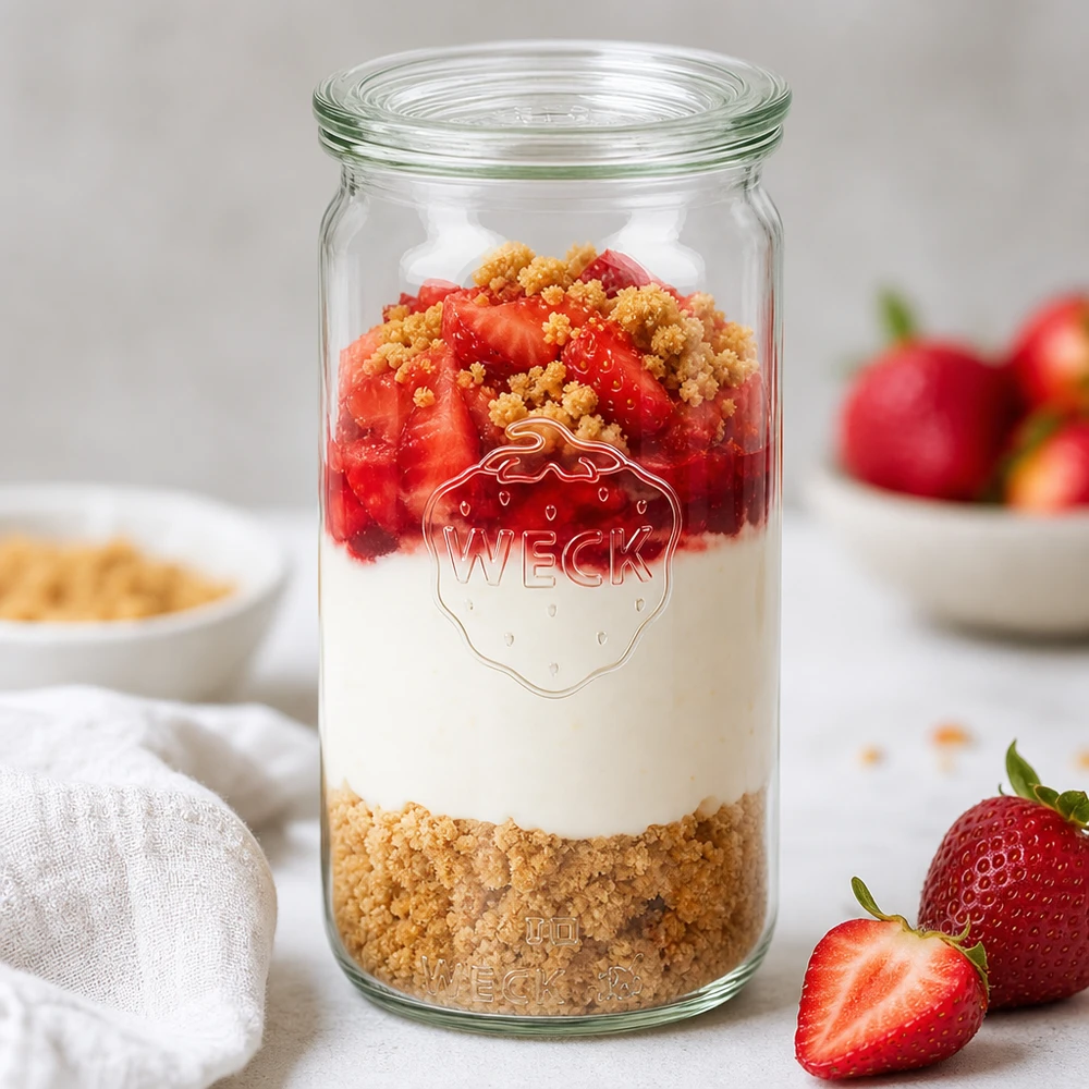340ml Zylinderglas mit Glasdeckel WECK RR60 WECK 340ml Zylinderglas RR60 mit Erdbeer-Dessert-Schichtung Keksboden Creme und Früchten als Parfait-Inspiration