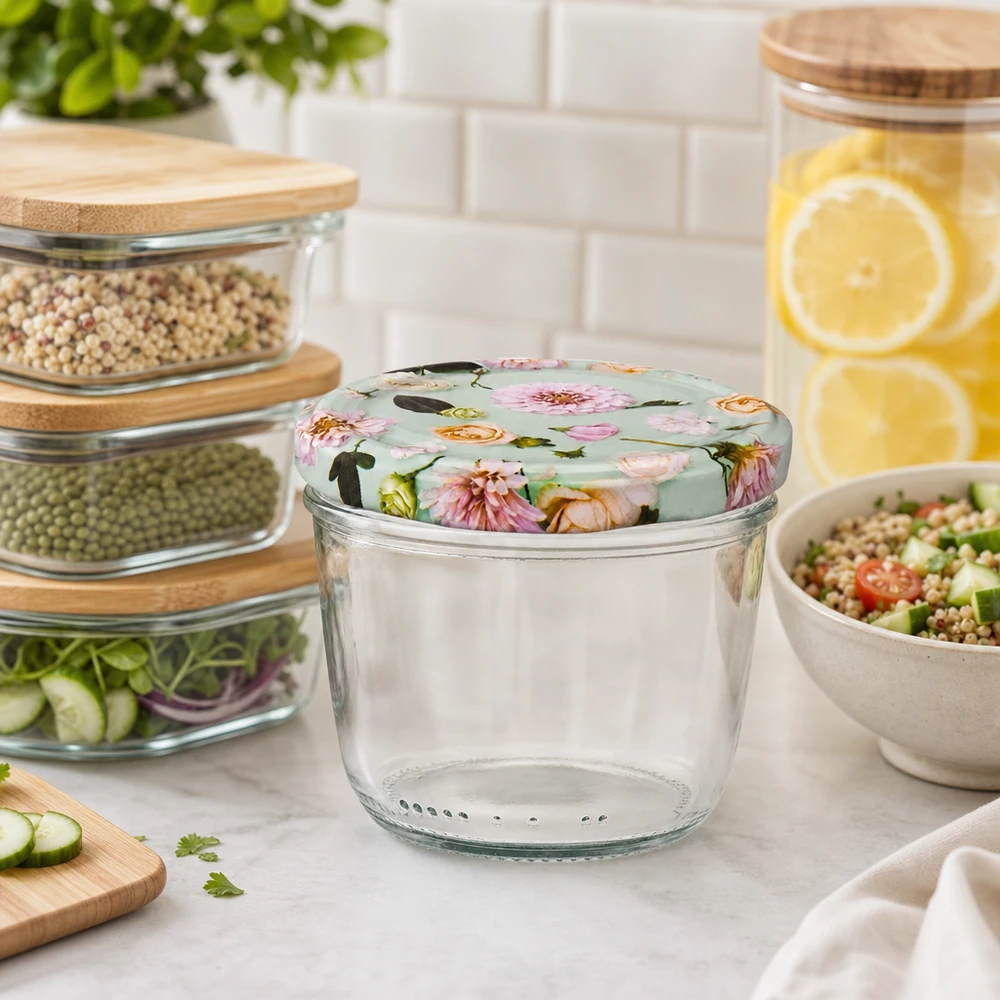 230ml Sturzglas + BasicSeal Deckel Blume mint UNiTWIST 230ml Sturzglas mit BasicSeal Deckel Blume mint in stylischer Küche mit Meal Prep Bowls und Vorratsgläsern