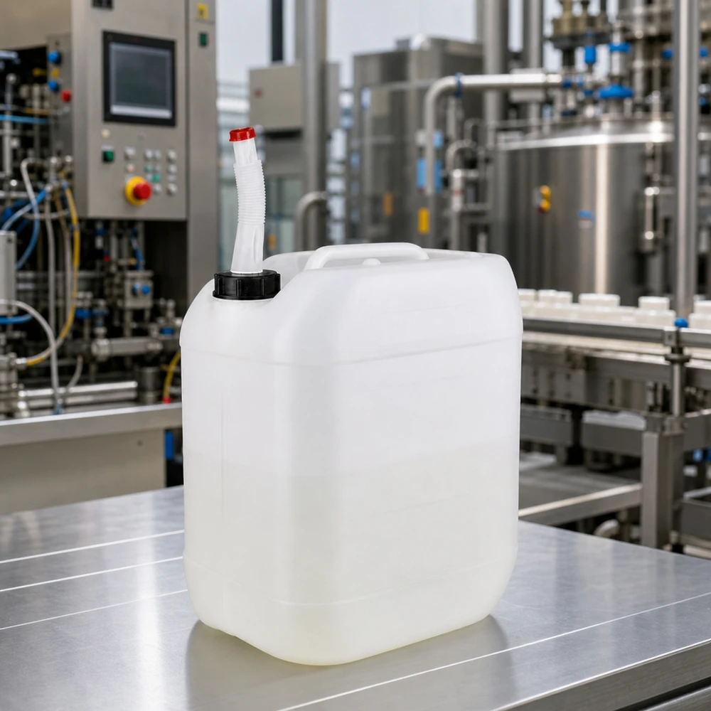 Bidon 20 litres avec tuyau d'écoulement Flex Bidon de 20 litres adapté au contact alimentaire, muni d'un bec verseur flexible, posé sur une table en acier inoxydable dans une installation industrielle