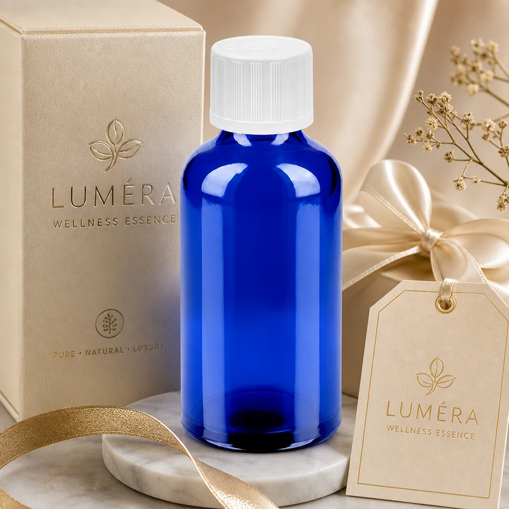 Pratico flacone in vetro da 50 ml di qualità superiore, con forma ergonomica per una facile manipolazione.