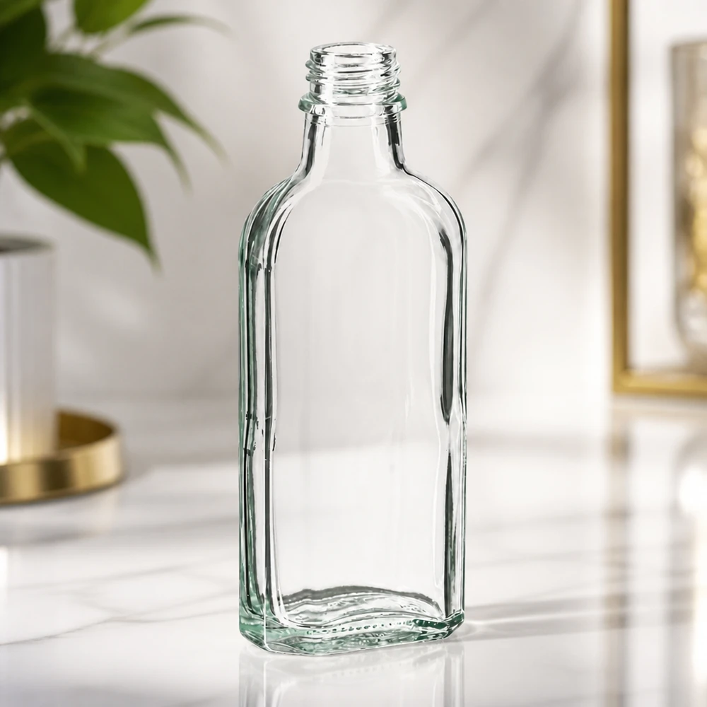 Bottiglia da 100 ml trasparente DIN22 Flacone Meplat trasparente vuoto da 100 ml con filettatura DIN22 su superficie in marmo
