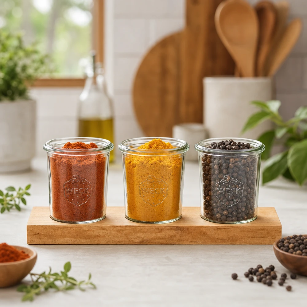 Tagliere Plano3 con 3 vasetti Weck da 160 ml Barattoli Weck da 160 ml con spezie curcuma e pepe su tagliere di bambù in un'atmosfera di cucina naturale
