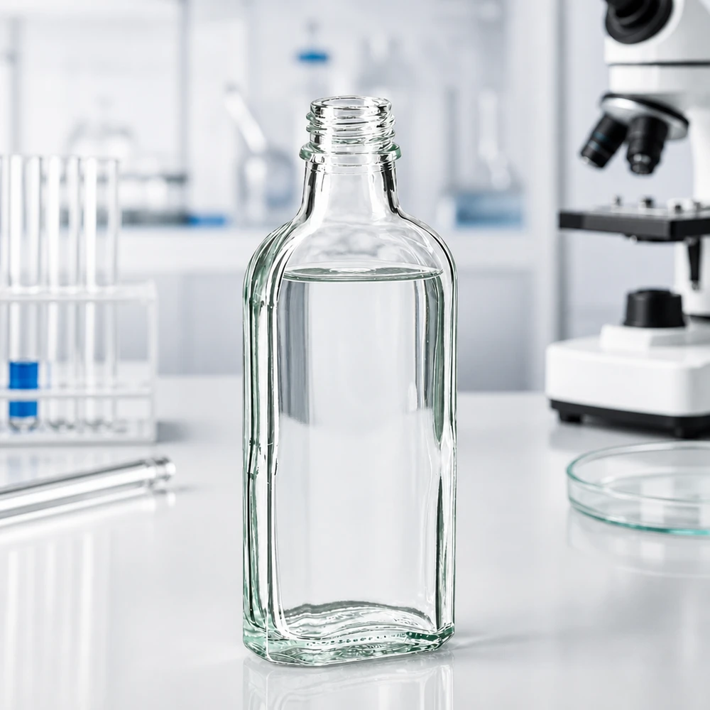 Bottiglia da 100 ml trasparente DIN22 Flacone di vetro rettangolare trasparente da 100 ml con tappo a vite DIN22 in laboratorio