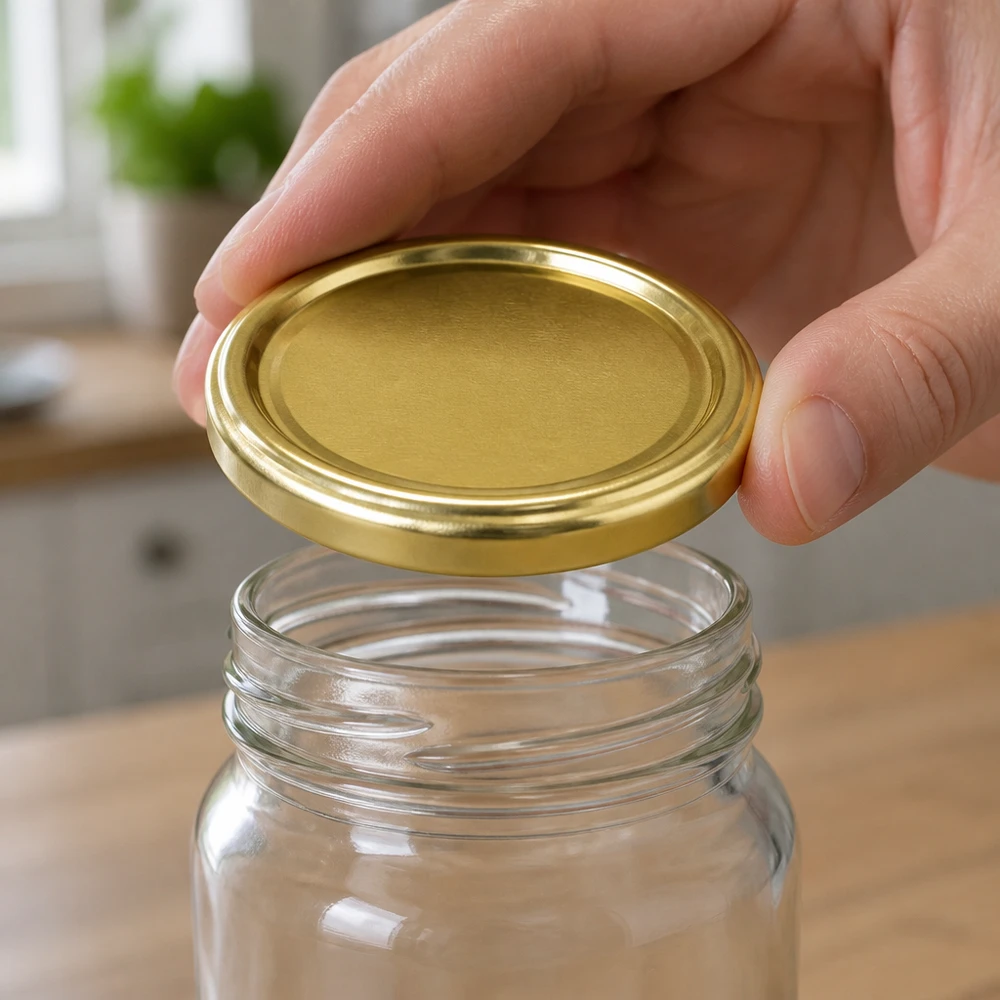 Leeres Einmachglas mit goldenem Metalldeckel TO43 BioSeal BPA-NI unitemp Küche Holztisch