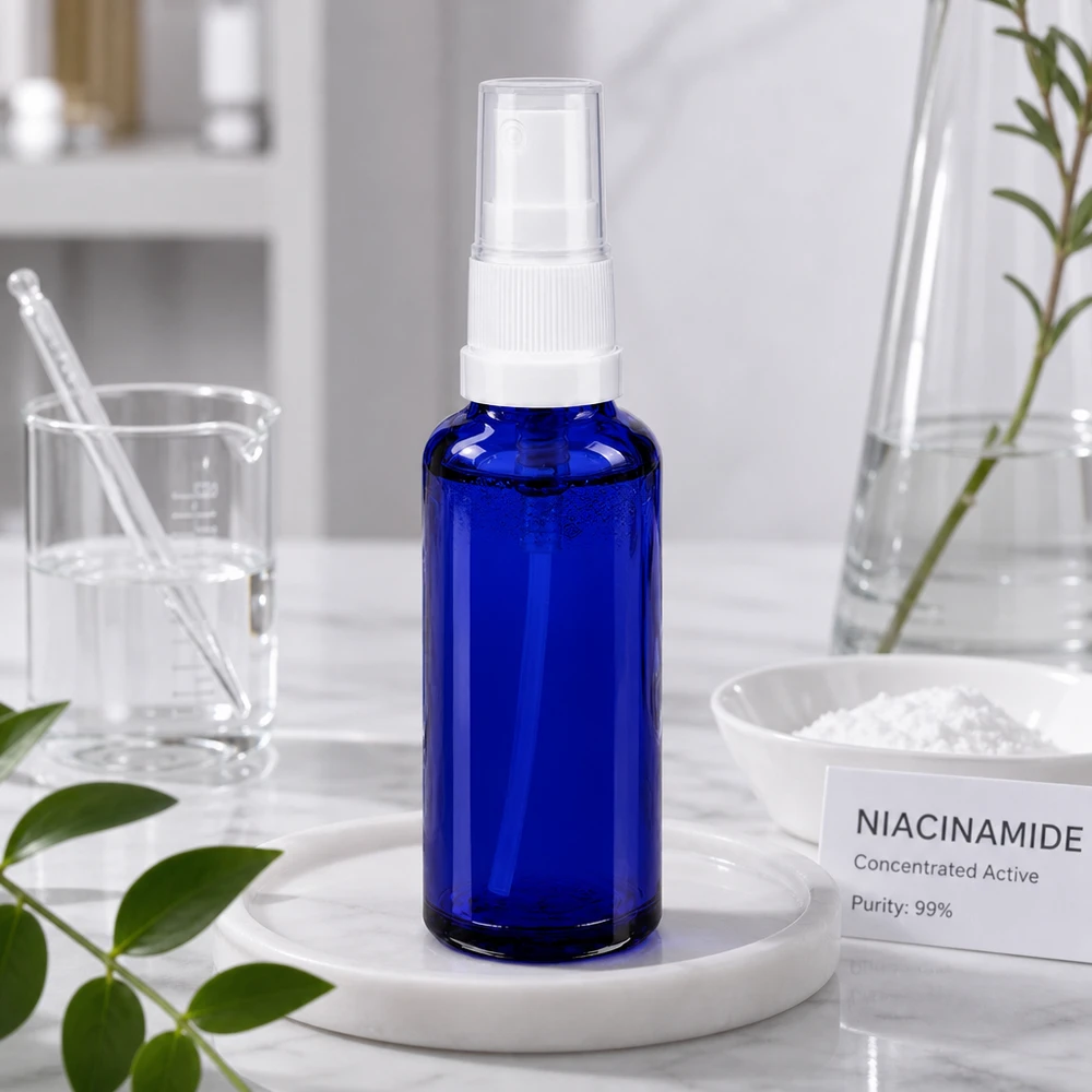 Apothekenflasche blau 10ml Sprayaufsatz schwarz Kompakte 10ml Sprühflasche aus blauem Borosilikatglas mit Feinstzerstäuber