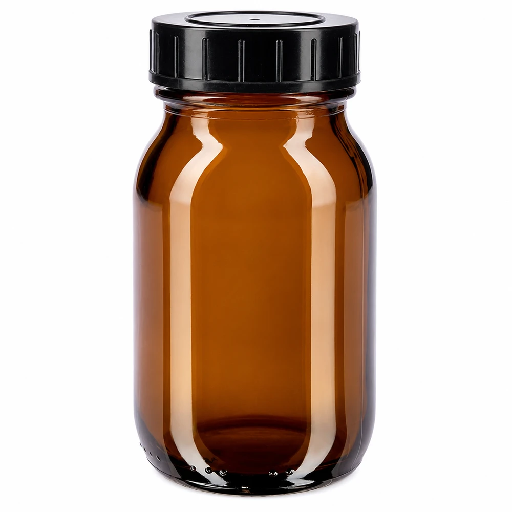 Bottiglia a collo largo da 100 ml in vetro ambrato con tappo a vite nero per una conservazione sicura
