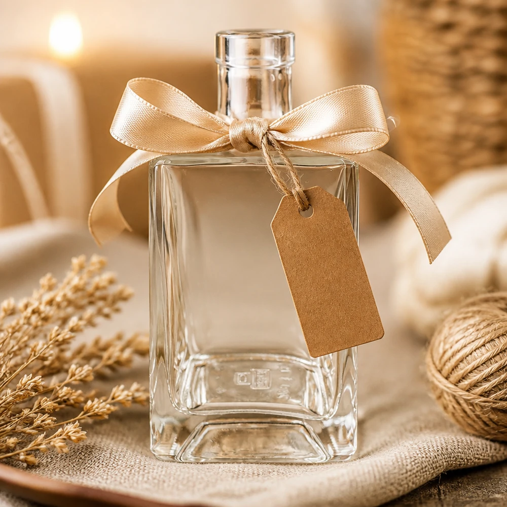 Bottiglia di vetro da 700 ml di Ben decorata con un fiocco dorato e un'etichetta regalo come idea regalo