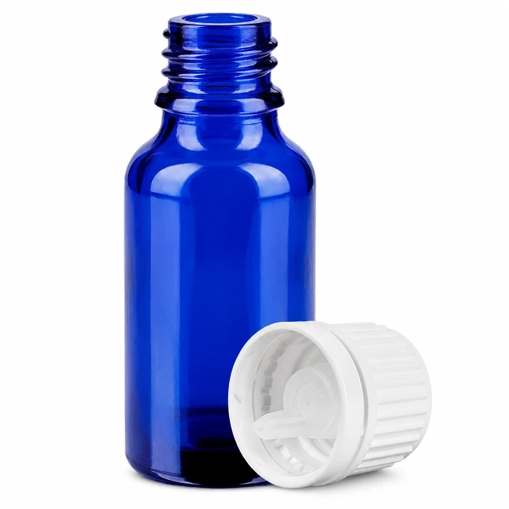 Flacone in vetro blu da 20 ml con tappo contagocce da 0,7 mm per applicazioni farmaceutiche