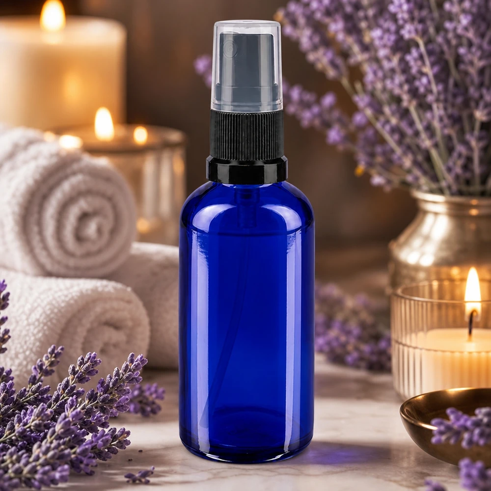 Apothekenflasche blau 50ml Sprayaufsatz schwarz Dunkelblaue 50ml Glassprühflasche mit schwarzem Zerstäuberkopf für Naturkosmetik
