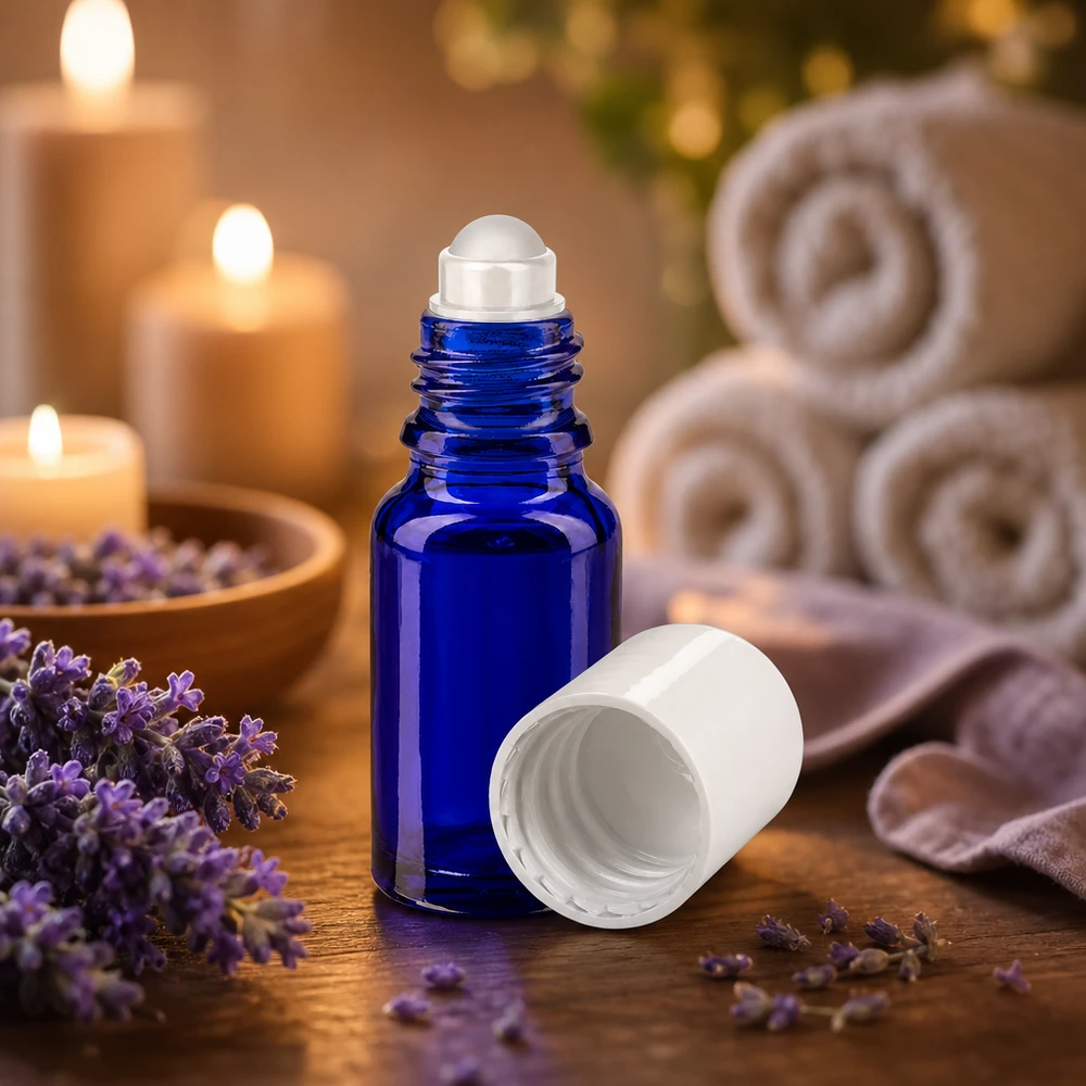 Flacone roll-on 10ml blu STD bianco ApoGlas Flacone roll-on da 10 ml color blu cobalto con applicatore a sfera, tra fiori di lavanda e candele
