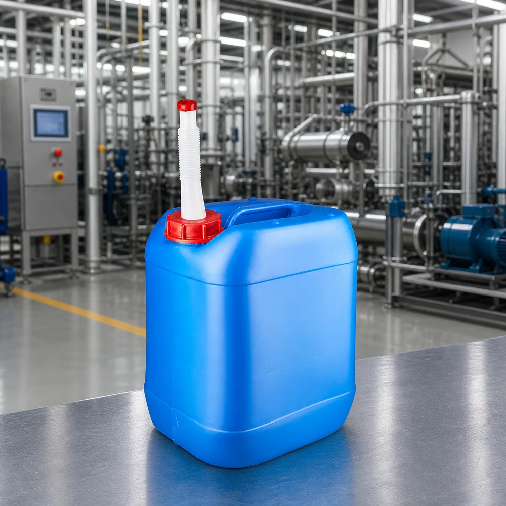 Bidon 20 litres bleu avec tube de vidange Flex Bidon industriel bleu de 20 litres avec bec verseur flexible, fabriqué dans une usine de production moderne