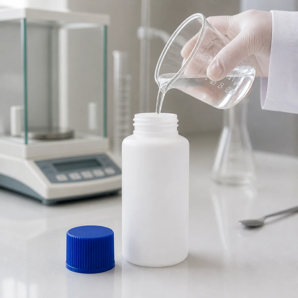 Flacon de pharmacie en HDPE résistant aux produits chimiques, 30 ml, blanc avec le symbole SV bleu, à remplir de solution