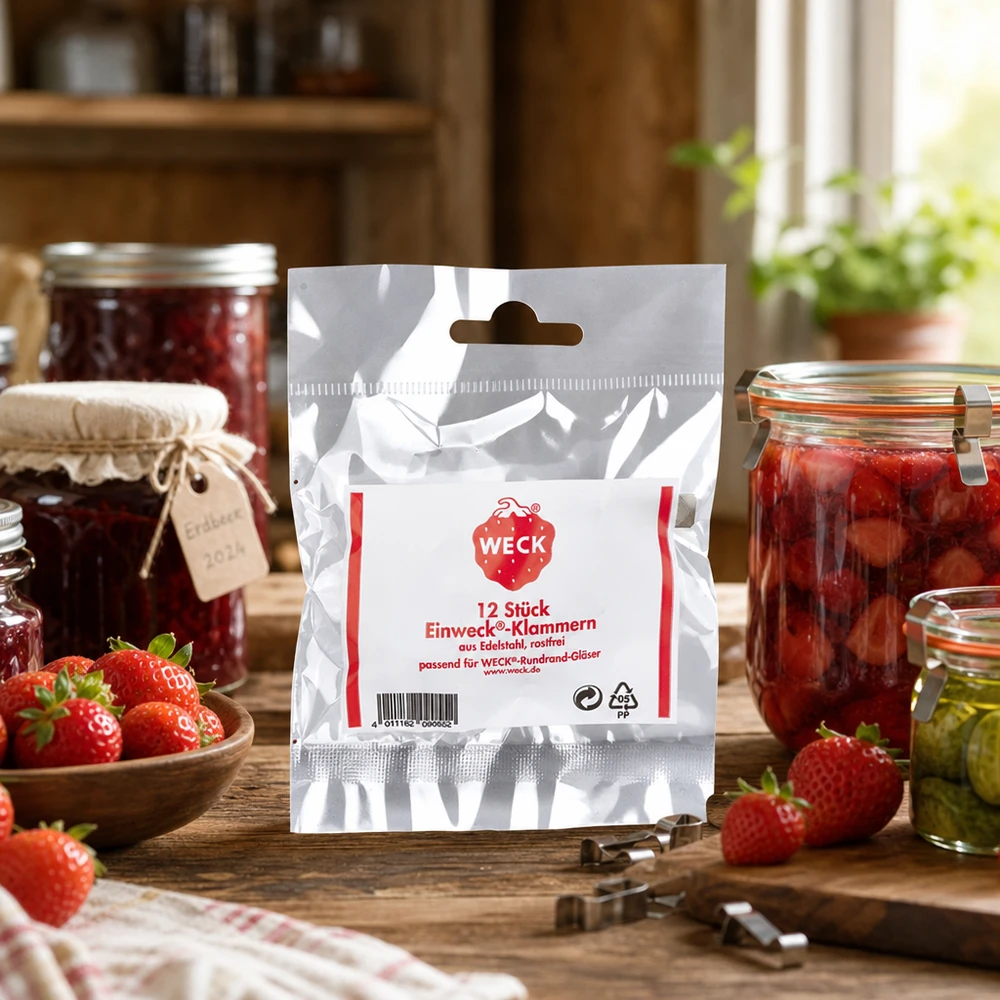 Confezioni WECK in cucina rustica con vasetti per la conservazione di fragole e marmellata Esempio di applicazione