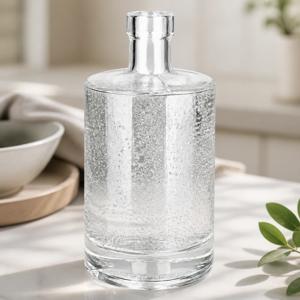 Bottiglia di vetro da 500ml Marie riempita d'acqua mostra la trasparenza e la qualità della bottiglia UNiTWIST in un ambiente di cucina
