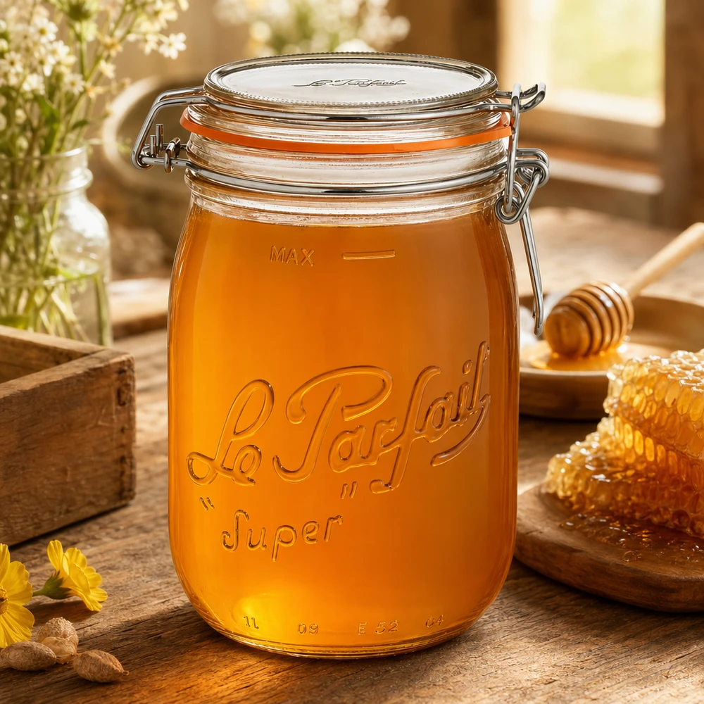 Vasetto Le Parfait® 1 L Ø85 mm conserve Vasetto Le Parfait Super da 1000 ml con tappo girevole riempito di miele su un tavolo di legno con nido d'ape e cucchiaio da miele