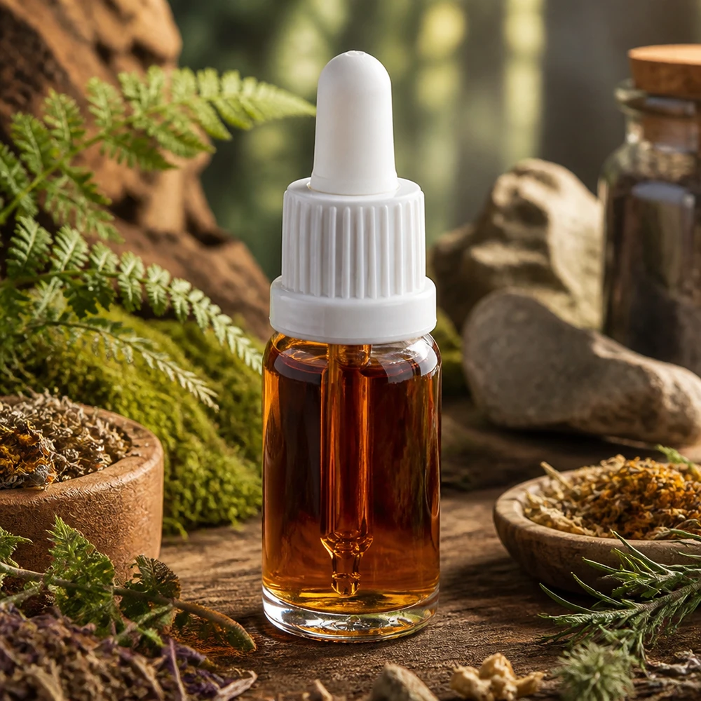 10ml Pipettenflasche weiß Originalitätsverschluss ClearLine UT18/10 Klarglas-Pipettenflasche 10ml weiss OV zwischen getrockneten Kräutern und Natursteinen