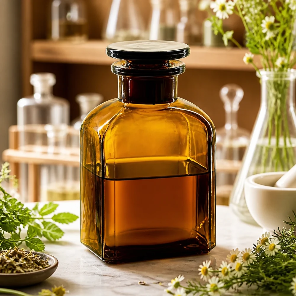 Bottiglia quadrata dal collo largo color ambra da 150 ml con tappo piatto in vetro, appoggiata su un tavolo di marmo con erbe aromatiche
