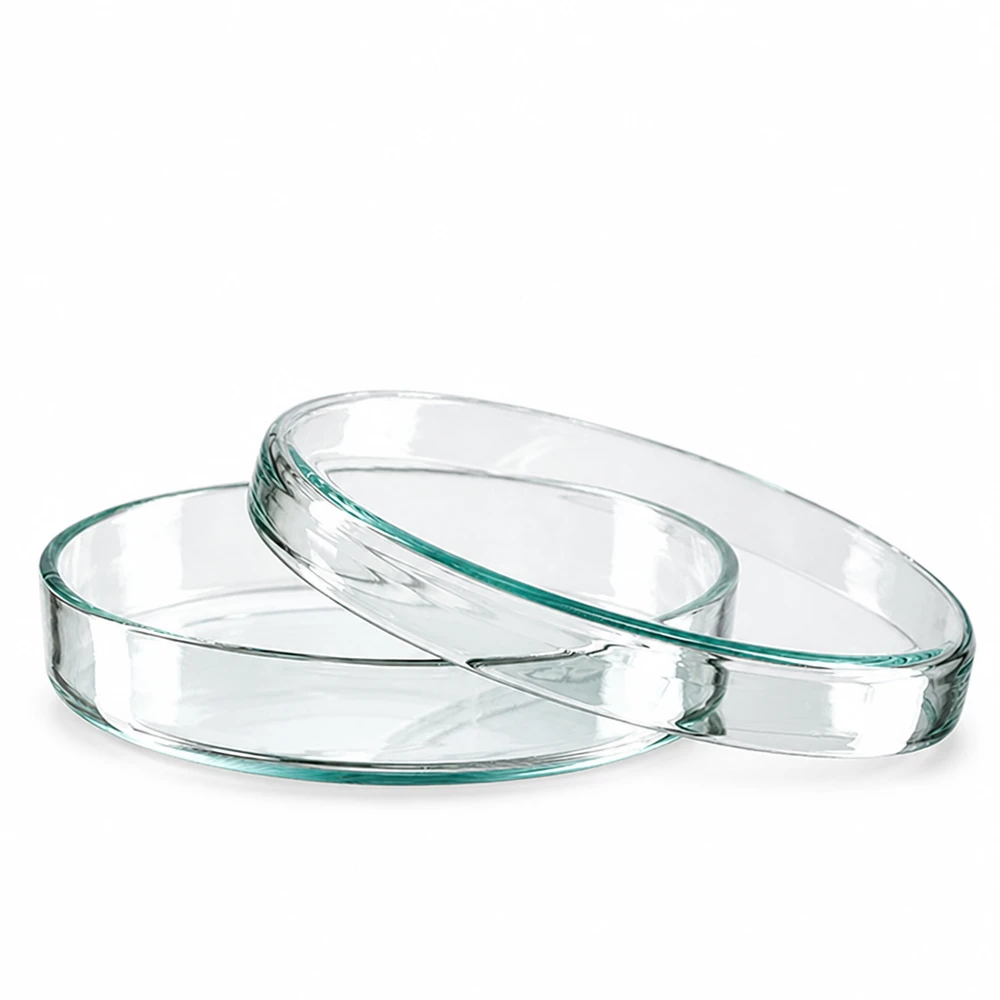 Boîte de Petri en verre sans compartiments, 80x15mm Deux boîtes de Pétri rondes en verre de 80 x 15 mm empilées l'une sur l'autre sur un fond blanc