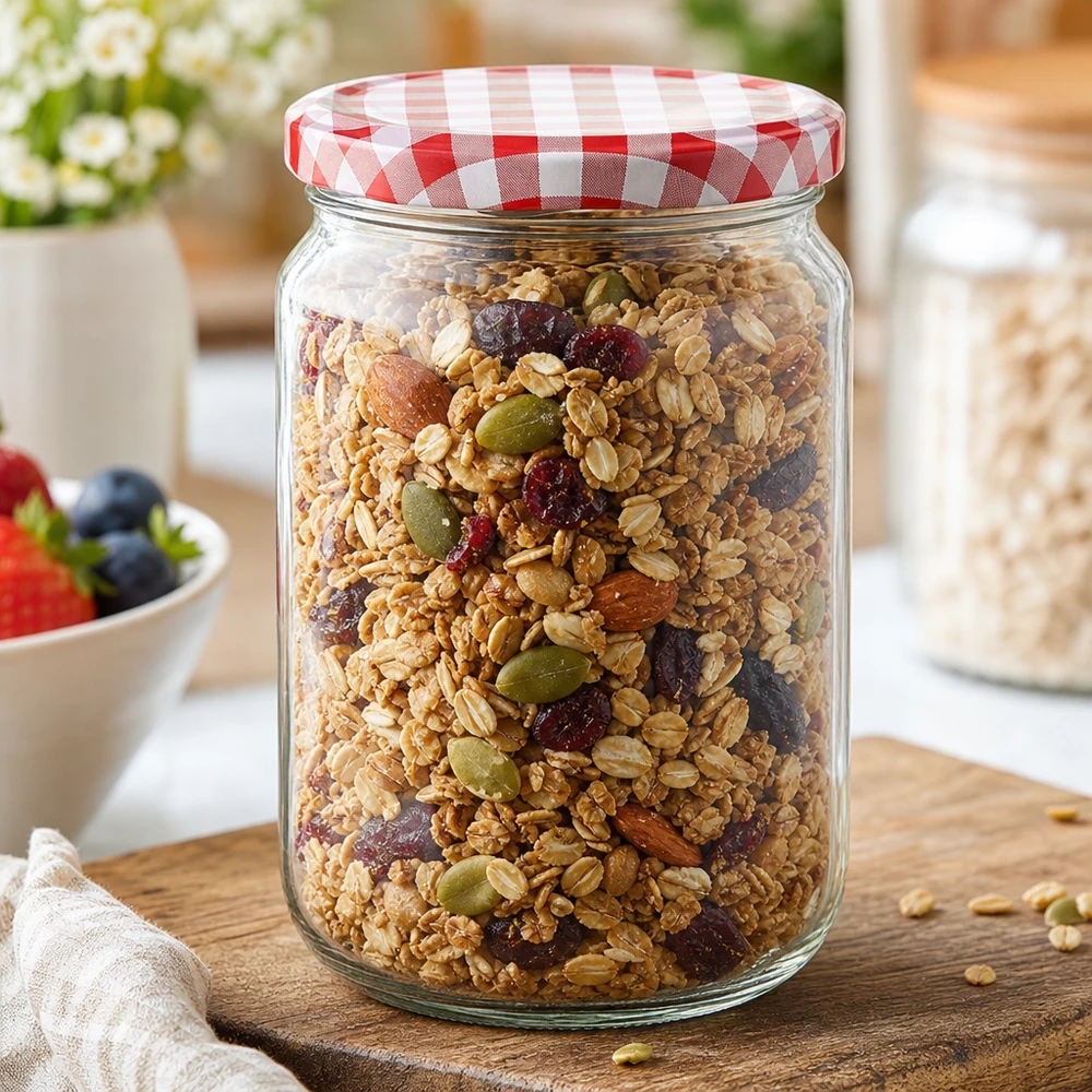 Barattolo rotondo da 795 ml con coperchio BasicSeal riempito con muesli e frutta secca, ideale per conservare gli alimenti in cucina