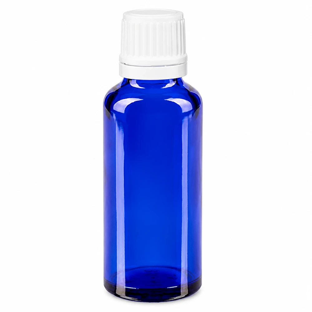 Apothekenflasche blau 30ml Tropfverschluss 1.2mm weiß Originalitätsverschluss Blaue Schutzglasflasche 30ml mit Dosiertropfer ideal für ätherische Öle und Tinkturen