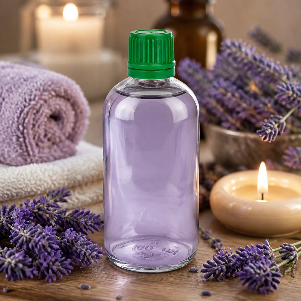 Bottiglia da 100ml 11mm SV verde OV ClearLine UT18/100 Olio essenziale di lavanda per aromaterapia in flacone di vetro trasparente da 100 ml ClearLine UT18 con tappo di sicurezza verde a prova di bambino