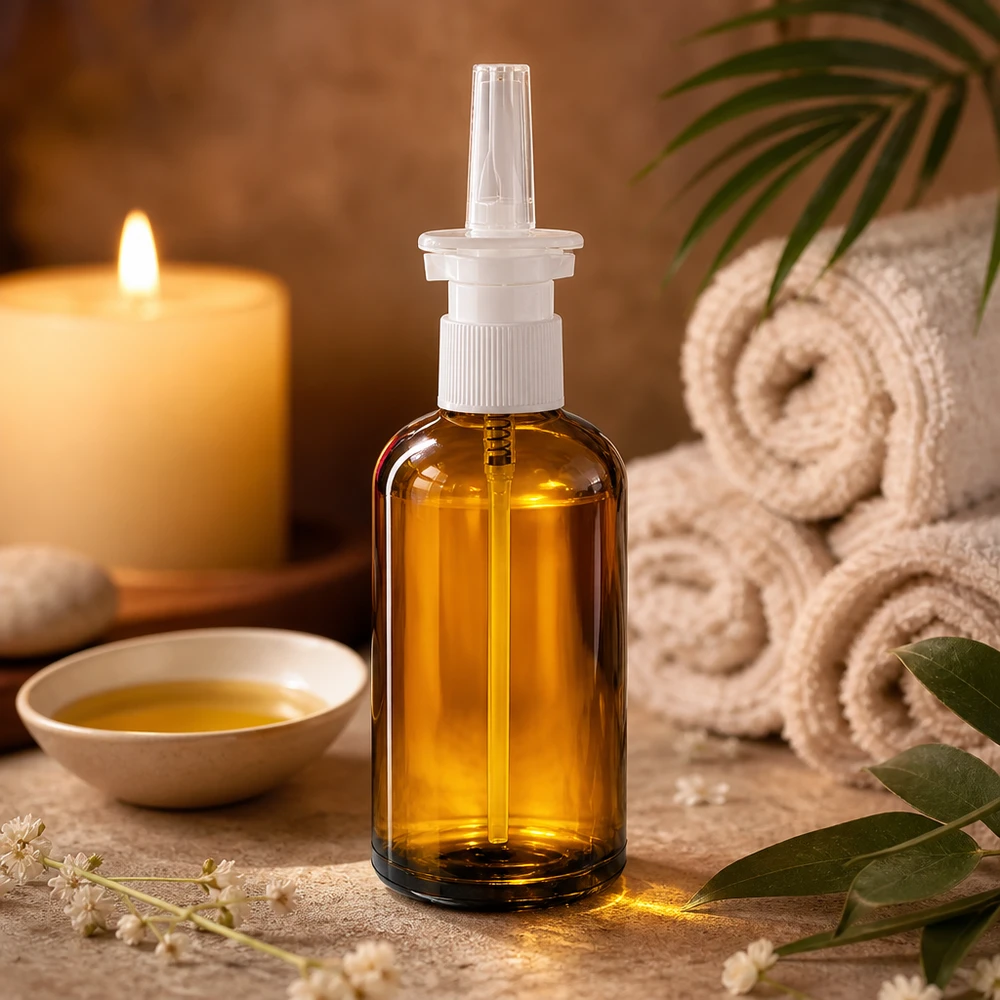 Flacone spray nasale compatto BrownLine da 100 ml in vetro con protezione UV e sistema di nebulizzazione igienica