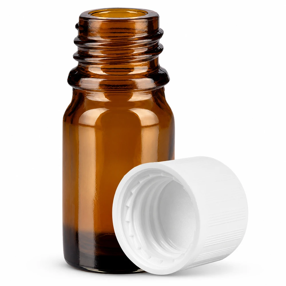 Piccola bottiglia da farmacia da 5 ml in vetro ambrato con filettatura da 11 mm per una protezione dai raggi UV e una conservazione sicura.
