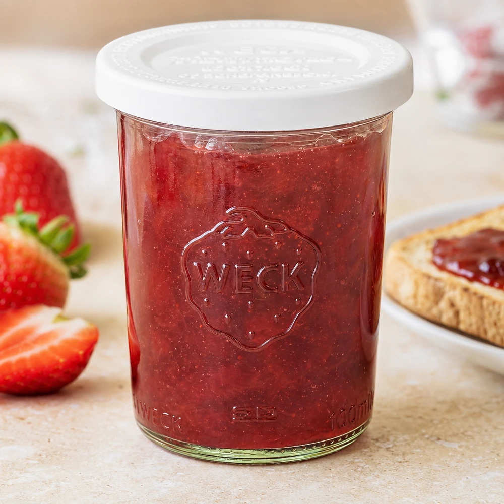 Vaso di vetro da 160 ml con coperchio salva-freschezza WECK RR60 Vaso da conserva WECK da 160 ml con marmellata di fragole e coperchio bianco di freschezza, accanto a fragole fresche e pane con marmellata