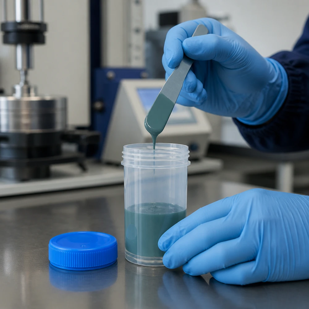 Un flacon à col large de 50 ml en plastique transparent est rempli d'un produit visqueux dans le laboratoire d'analyse