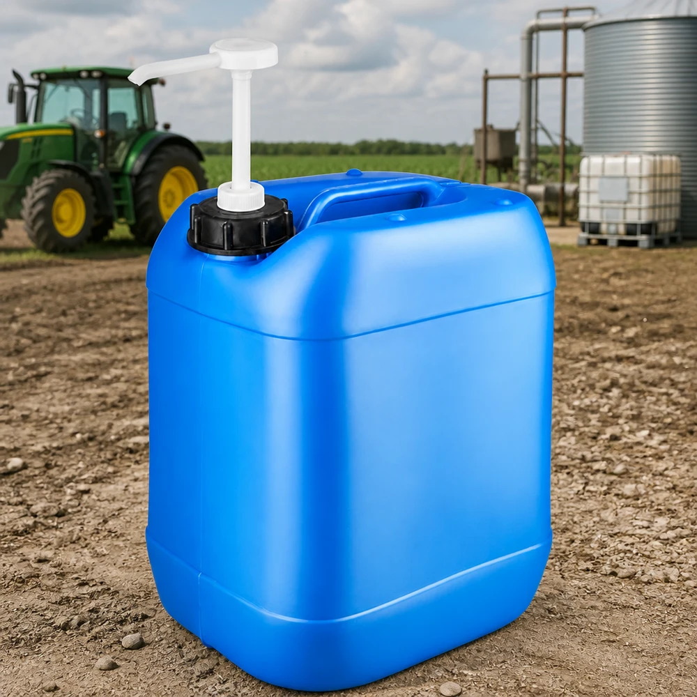 Bidon de 20 litres bleu avec pompe doseuse Bidon robuste de 20 litres, bleu, muni d'une pompe doseuse, posé sur un champ devant un tracteur John Deere