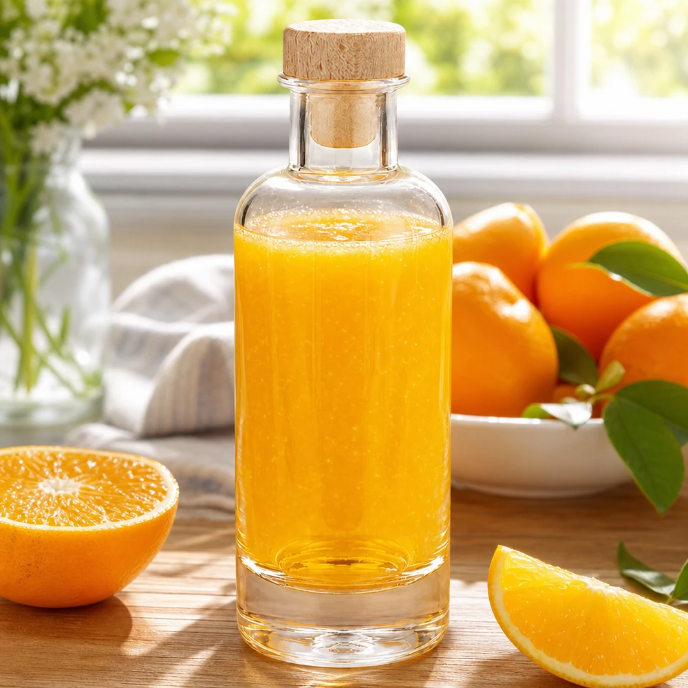 Bottiglia in vetro da 200 ml Ella con tappo in sughero con impugnatura in legno UNiTWIST® Bottiglia di Ella da 200 ml con tappo di legno riempita di succo d'arancia accanto ad arance a fette su una tavola di legno
